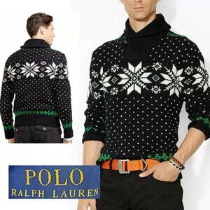 Polo Ralph Lauren Mens Fair Isle Snowflake Cashmere Knit Sweater Shawl Collar